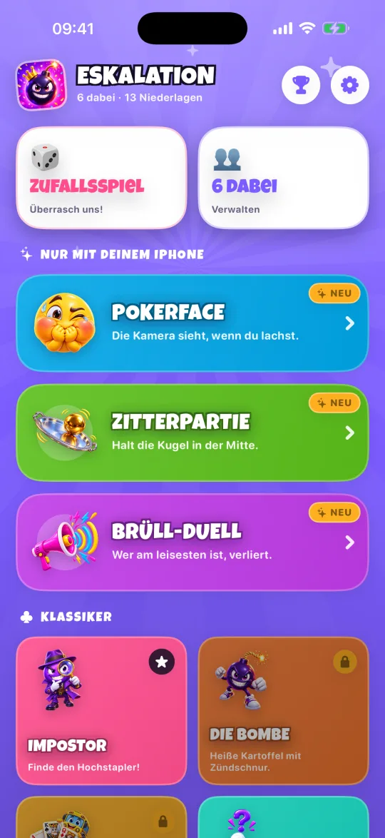 App-Screenshot: Startbildschirm mit Pokerface, Zitterpartie und Brüll-Duell